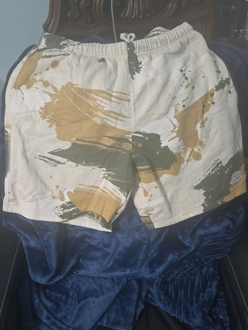 Champion Men's Cream Shorts with Olive and Gold Brushstroke Print